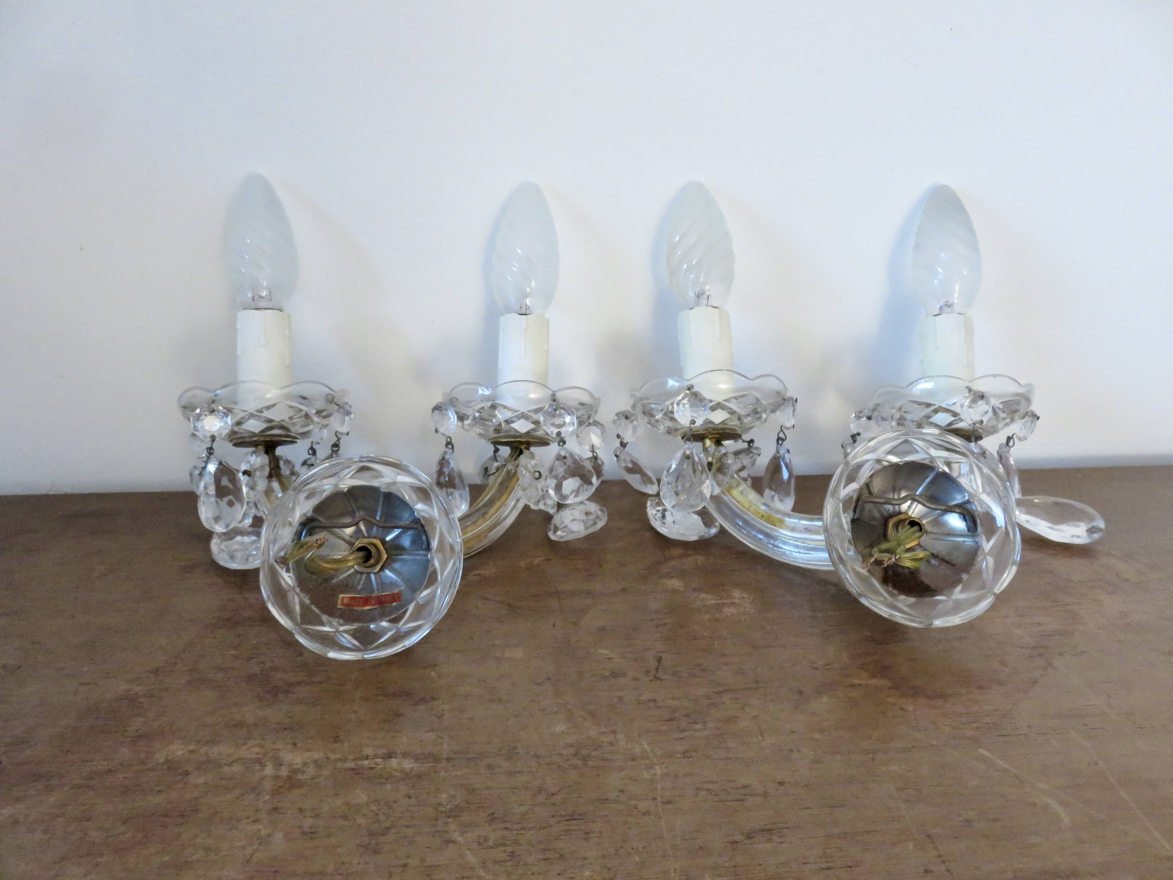 pair of double wall sconces with crystal pendants, made in Italy