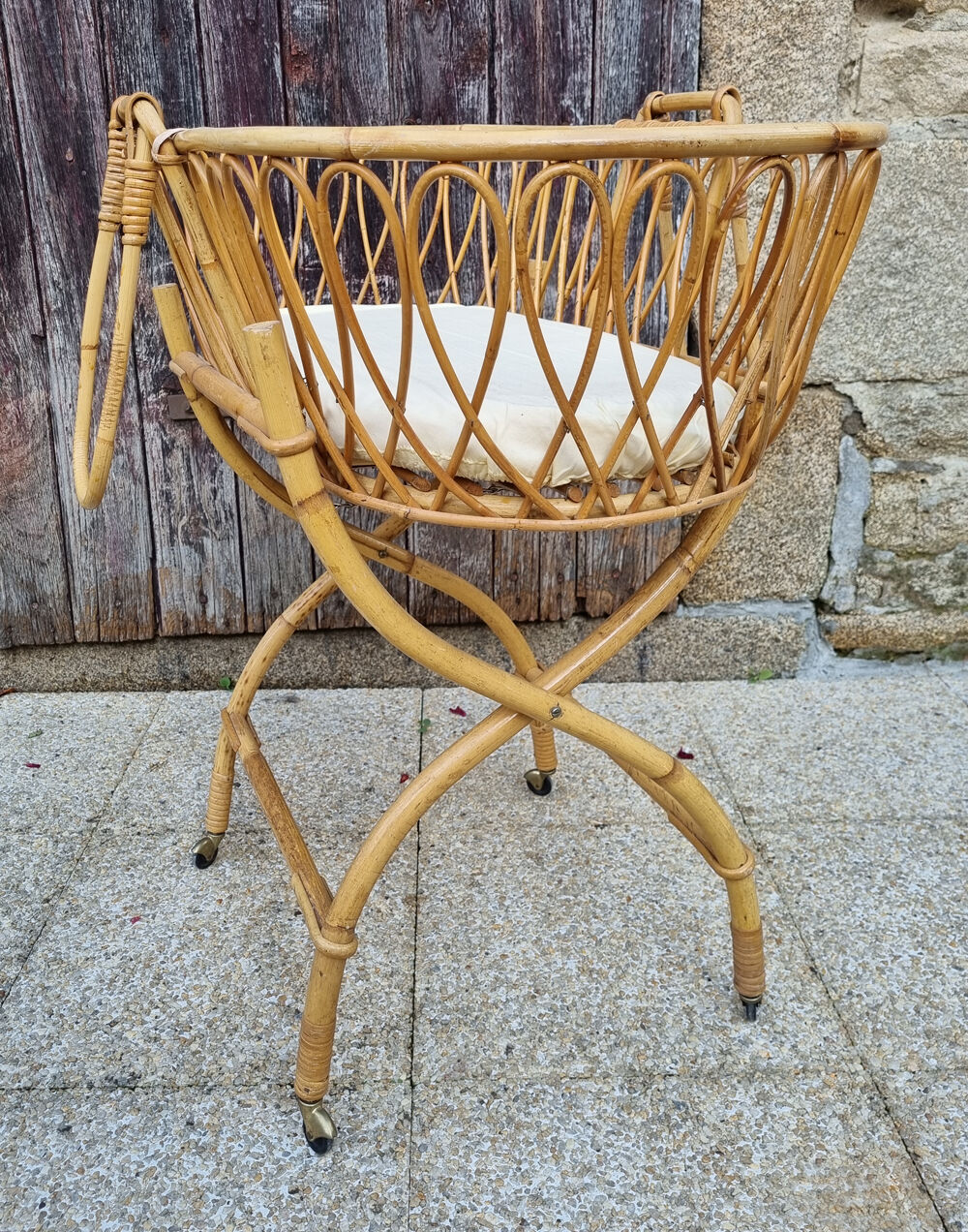 Rattan and bamboo cradle, vintage, 60s