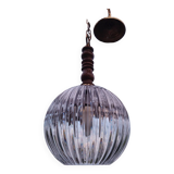 Suspension boule en verre épais striée design luminaire année 1980 space age