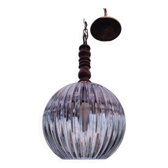 Suspension boule en verre épais striée design luminaire année 1980 space age