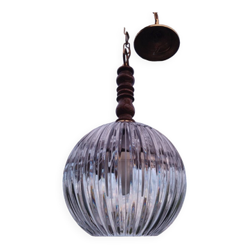Suspension ball in thick striated glass design lighting year 1980 space age