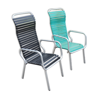 Set de 2  fauteuils en aluminium et lanières des années 50-60