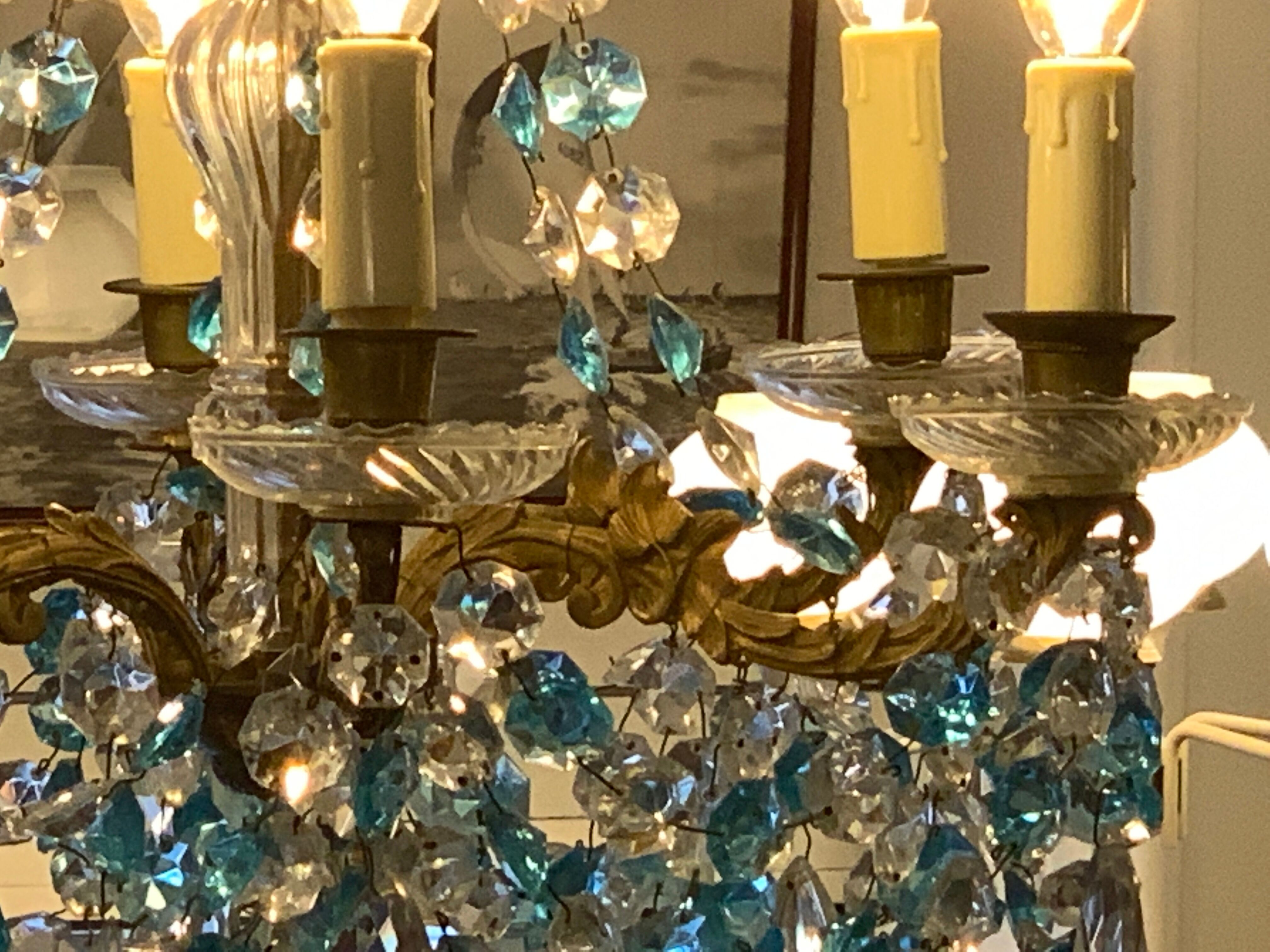 Chandelier with blue crystal pimples, 6 lights, Baccarat, 1950, art nouveau style