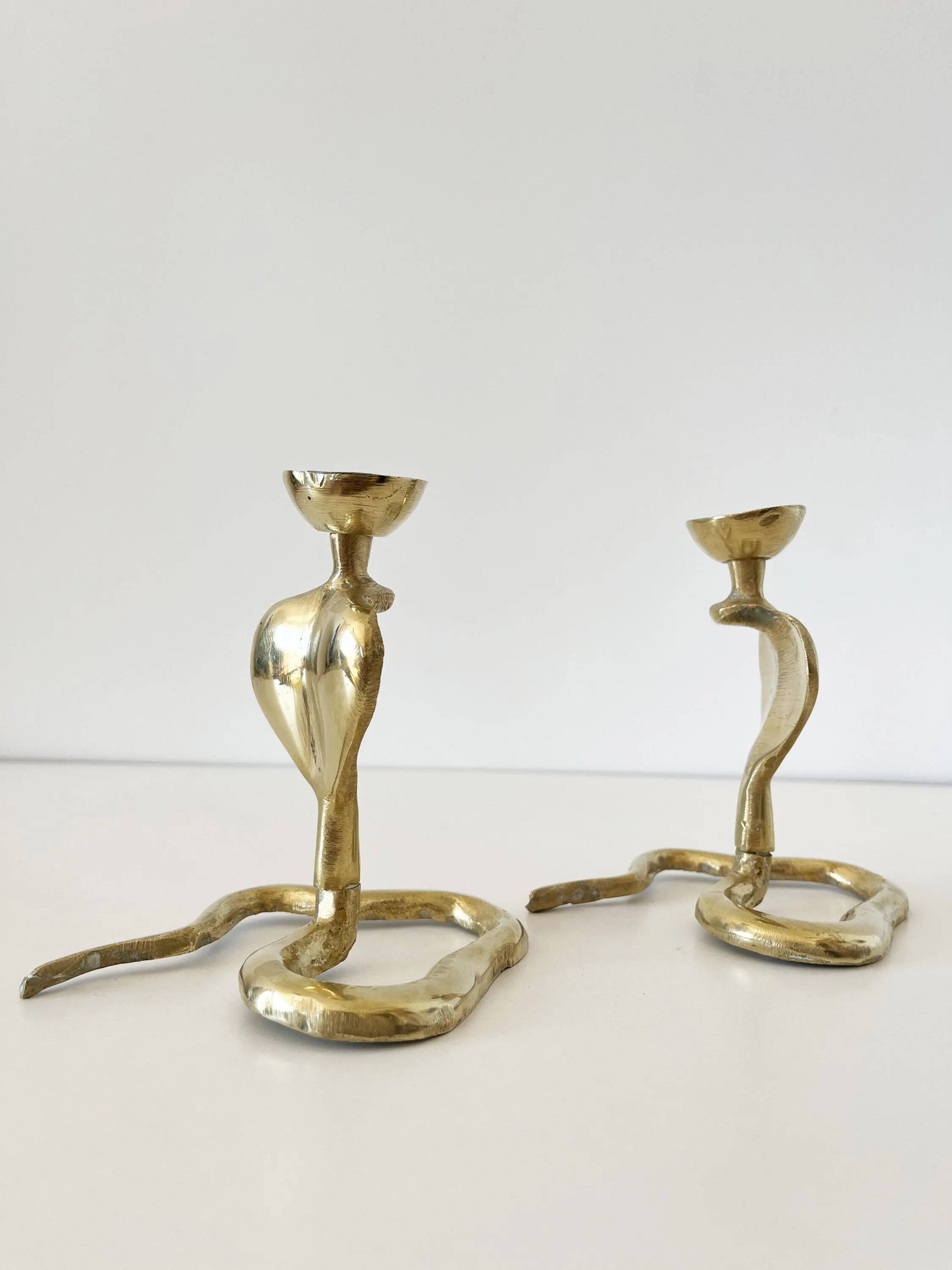 Pair of vintage brass snake candlesticks