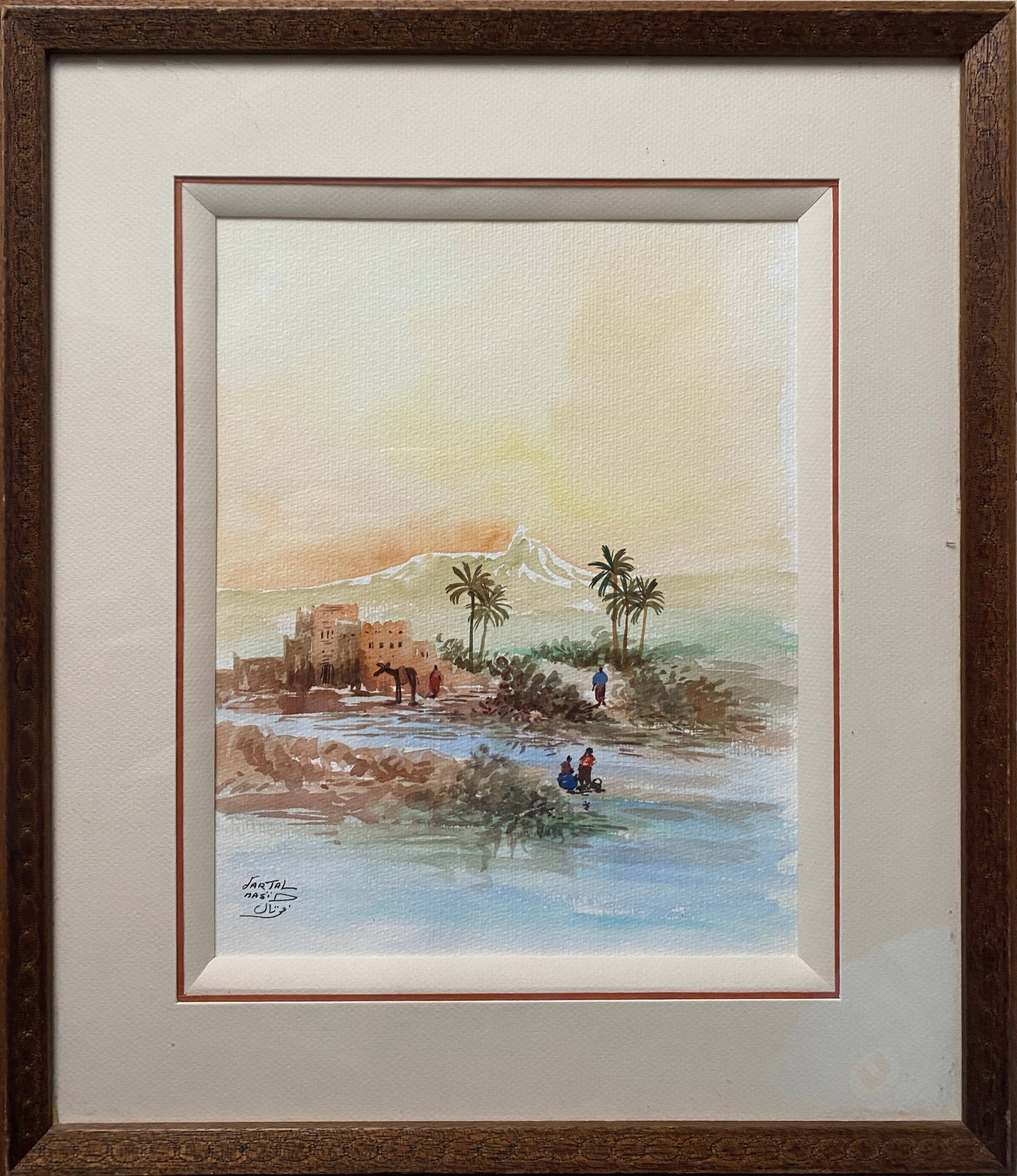 Watercolor painting "animated Orientalist landscape" signed (to decipher) + frame