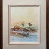 Watercolor painting "animated Orientalist landscape" signed (to decipher) + frame