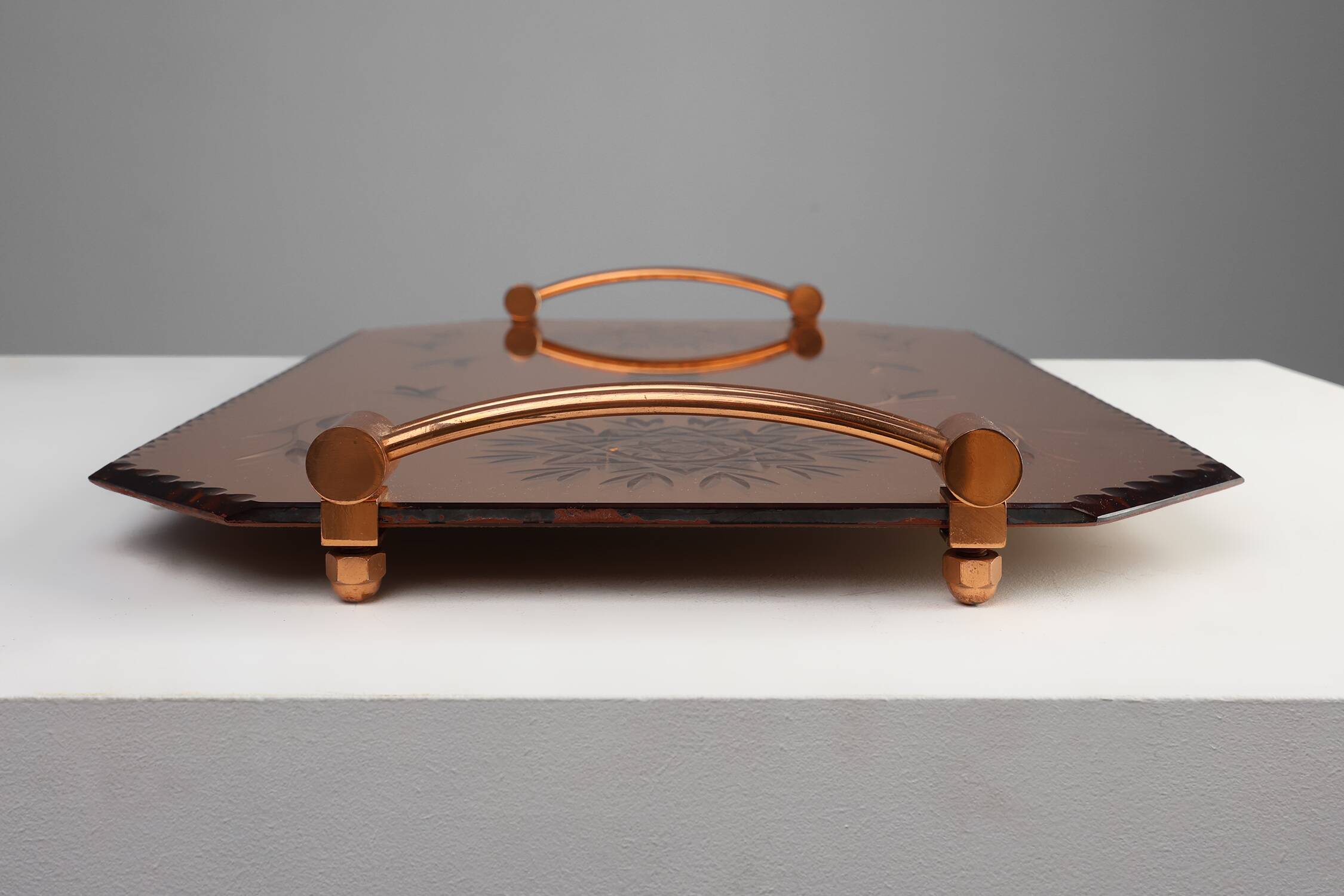 Art Deco Mirrored Glass and Copper Tray, Belgium ca. 1920