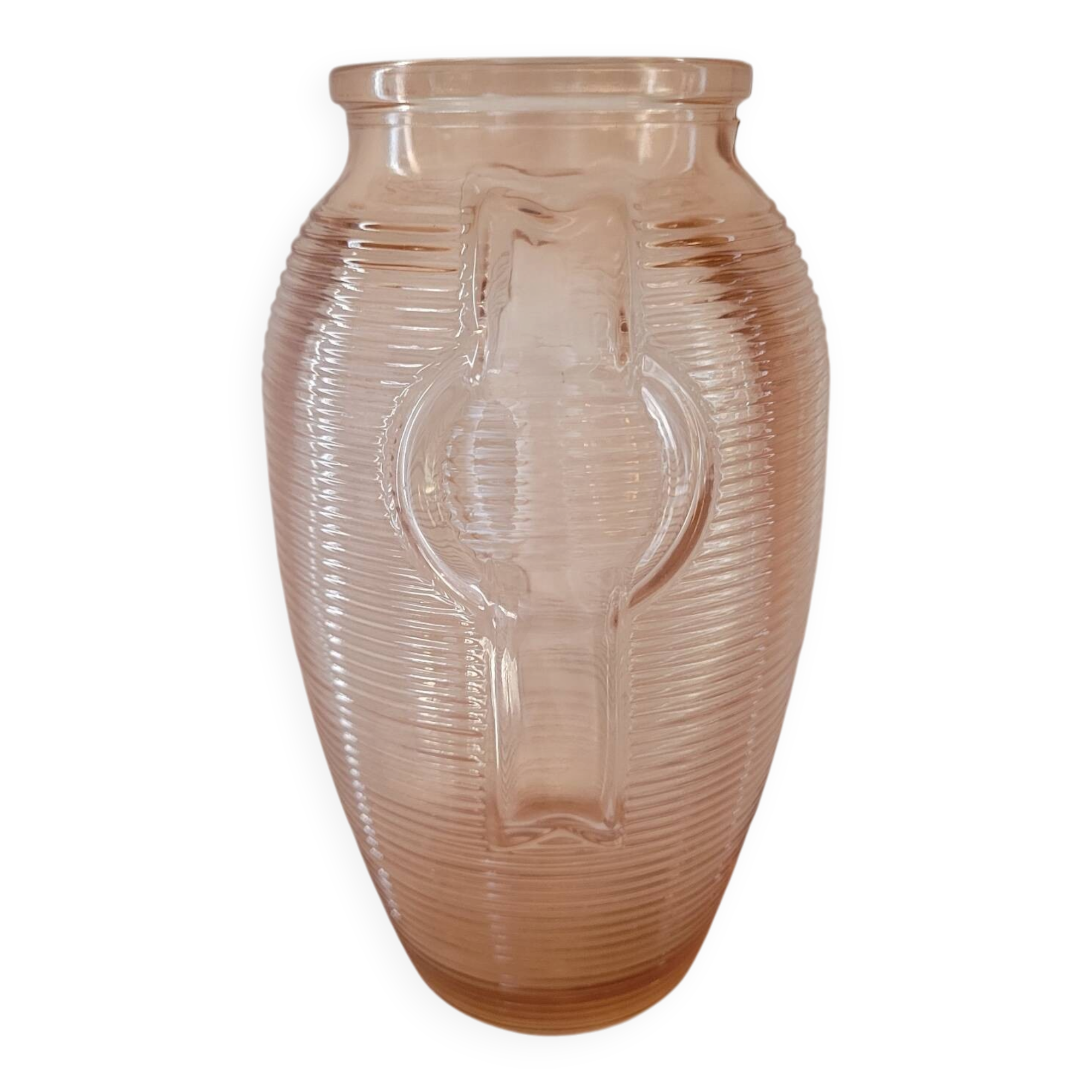 Salmon-colored Art Deco pressed glass vase