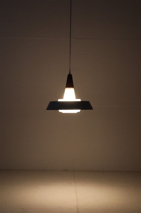 Rare Ernst Voss pendant lamp / glass / teak / aluminium / mid-century Danish modern design / 1960s