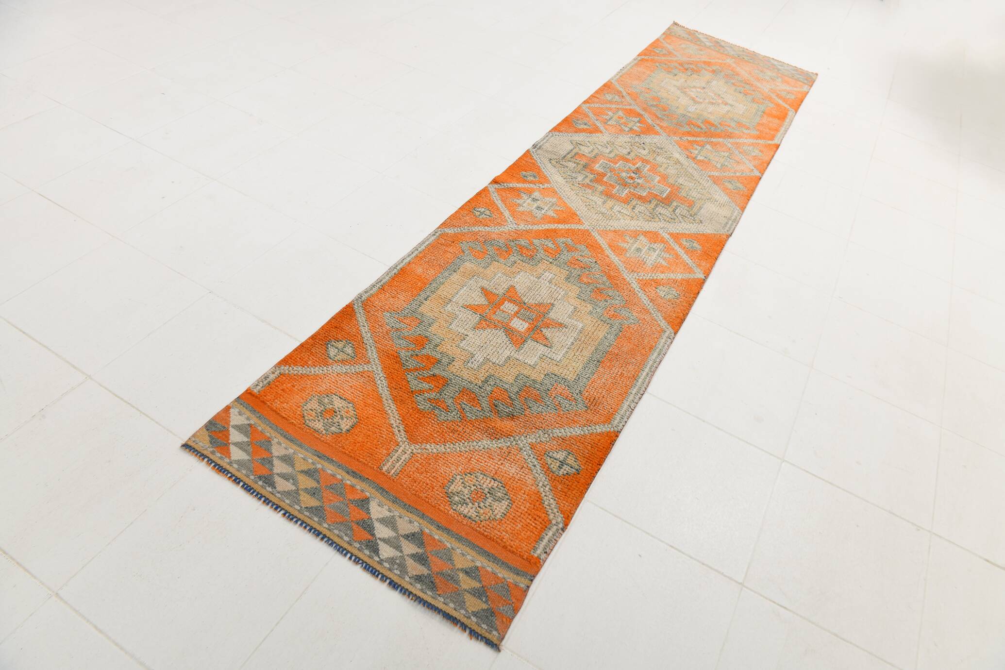 Pumpkin Orange & Grey Turkish Vintage Runner Rug, 86x356 Cm