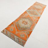 Pumpkin Orange & Grey Turkish Vintage Runner Rug, 86x356 Cm