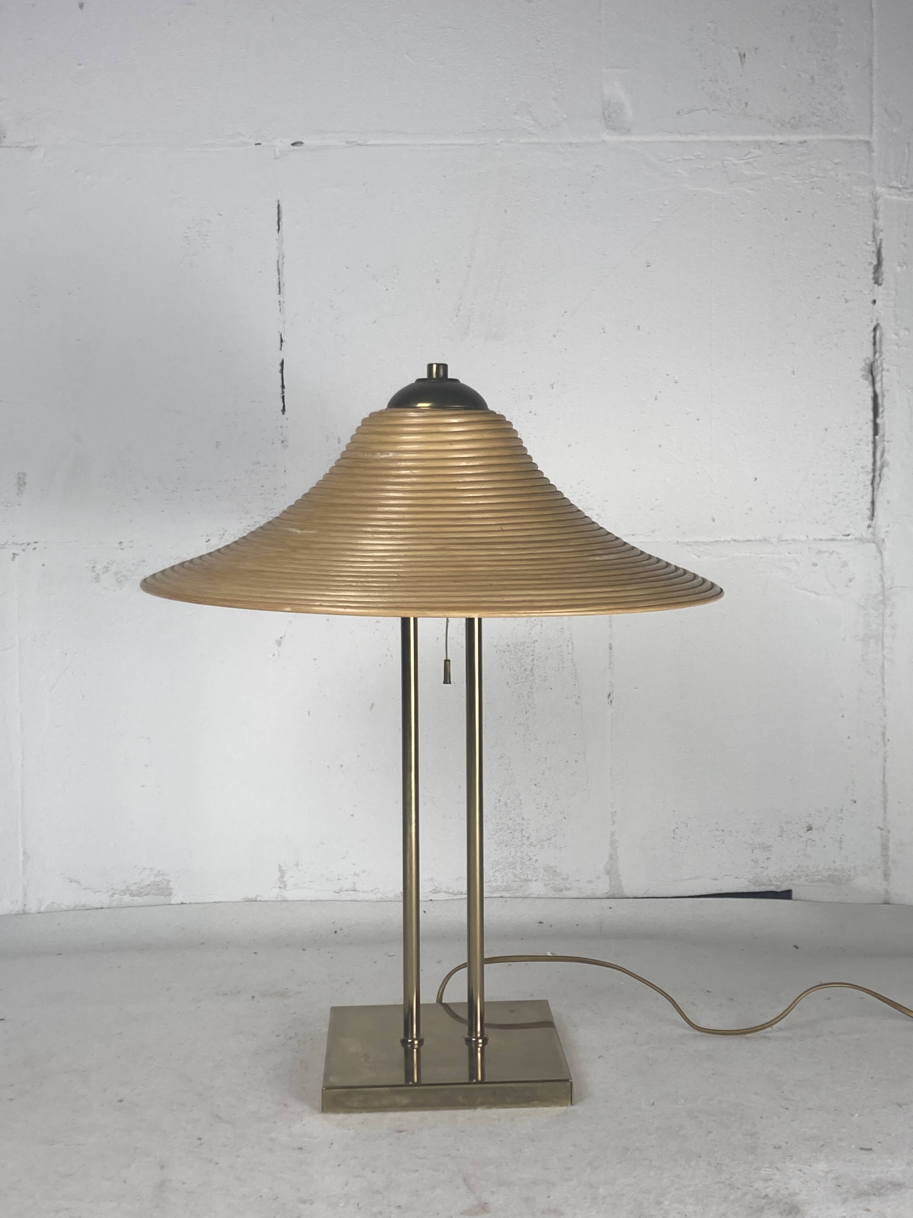 Brass and pencil reed rattan table lamp, Italy 1970s