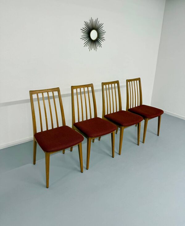 Lot de 4 chaises en hêtre massif et tissu vintage orangé design années 70