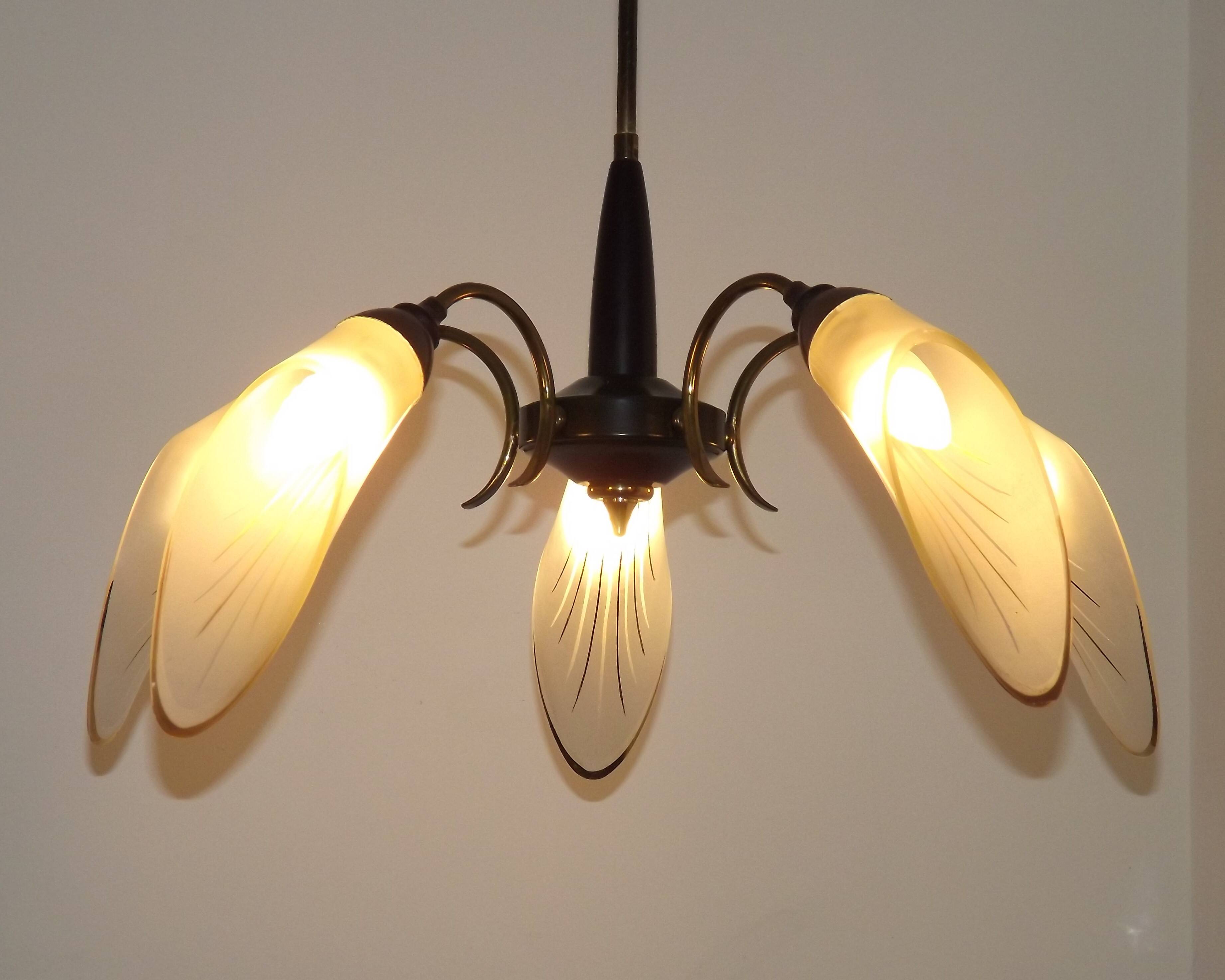 French Vintage Retro Mid Century Black & Gold 5 Arm Chandelier with Glass Shades 5080