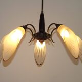 French Vintage Retro Mid Century Black & Gold 5 Arm Chandelier with Glass Shades 5080