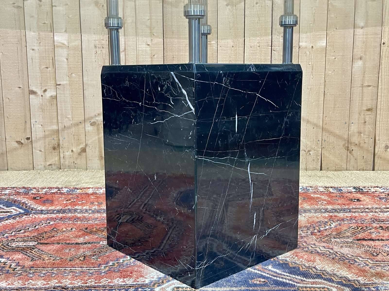 1970s square dining table, marble base and beveled glass top