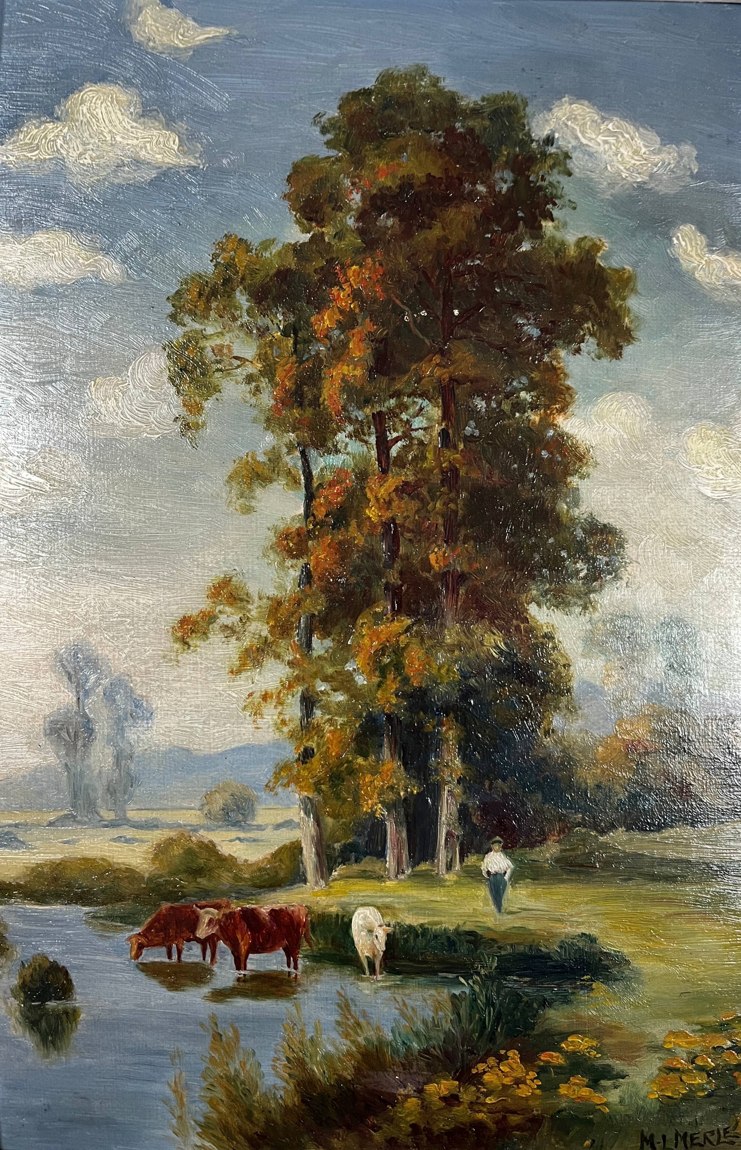 Hsp painting pastoral landscape post barbizon circa 1950 + signed frame