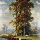 Hsp painting pastoral landscape post barbizon circa 1950 + signed frame