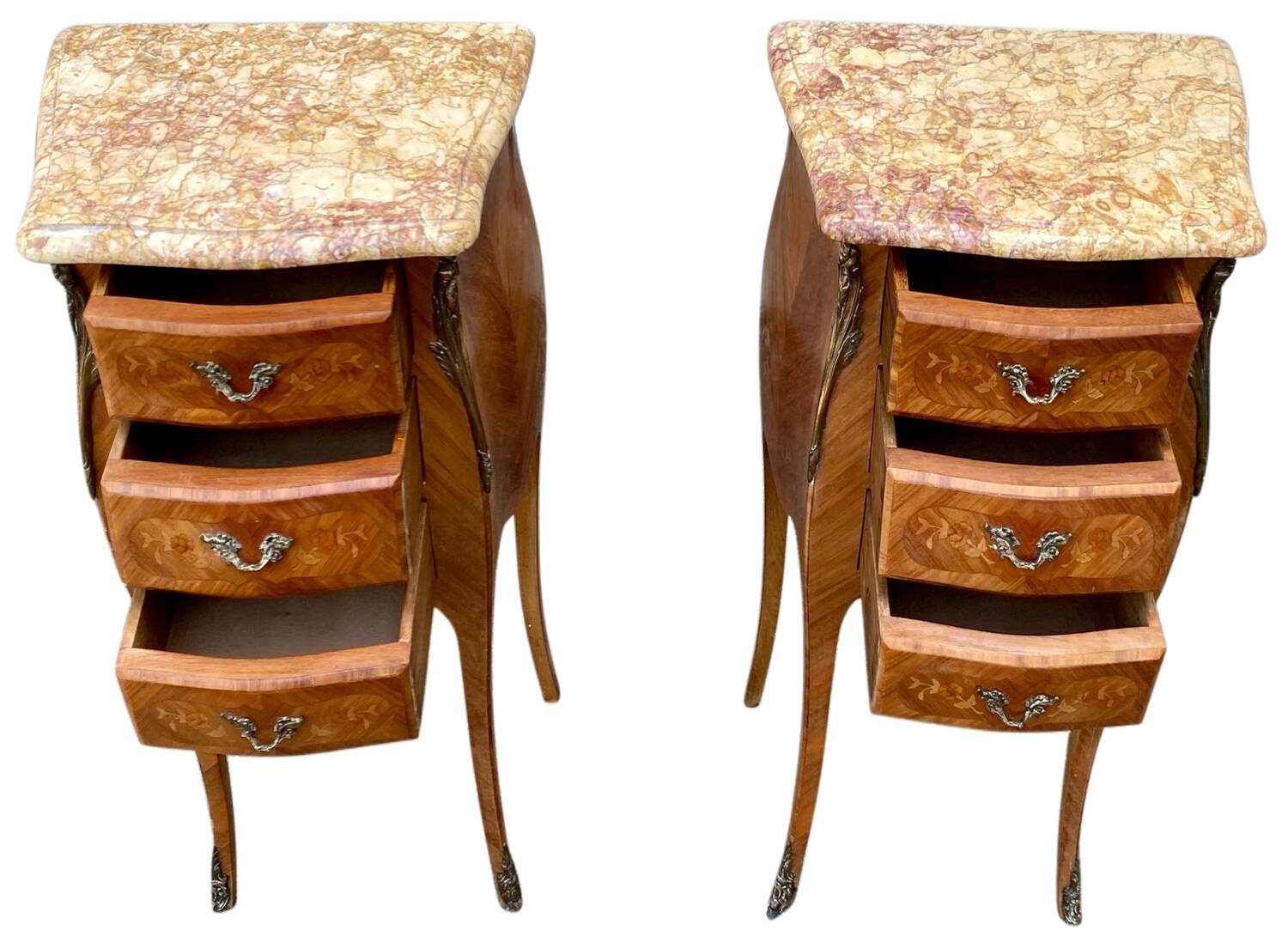 Pair of bedside tables in marquetry – veined marble top – Louis XV style
