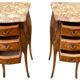 Pair of bedside tables in marquetry – veined marble top – Louis XV style