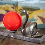 Lamp signed M.Leducq, table lamp swan regulates on marble, ball lamp, art deco lamp, 30's