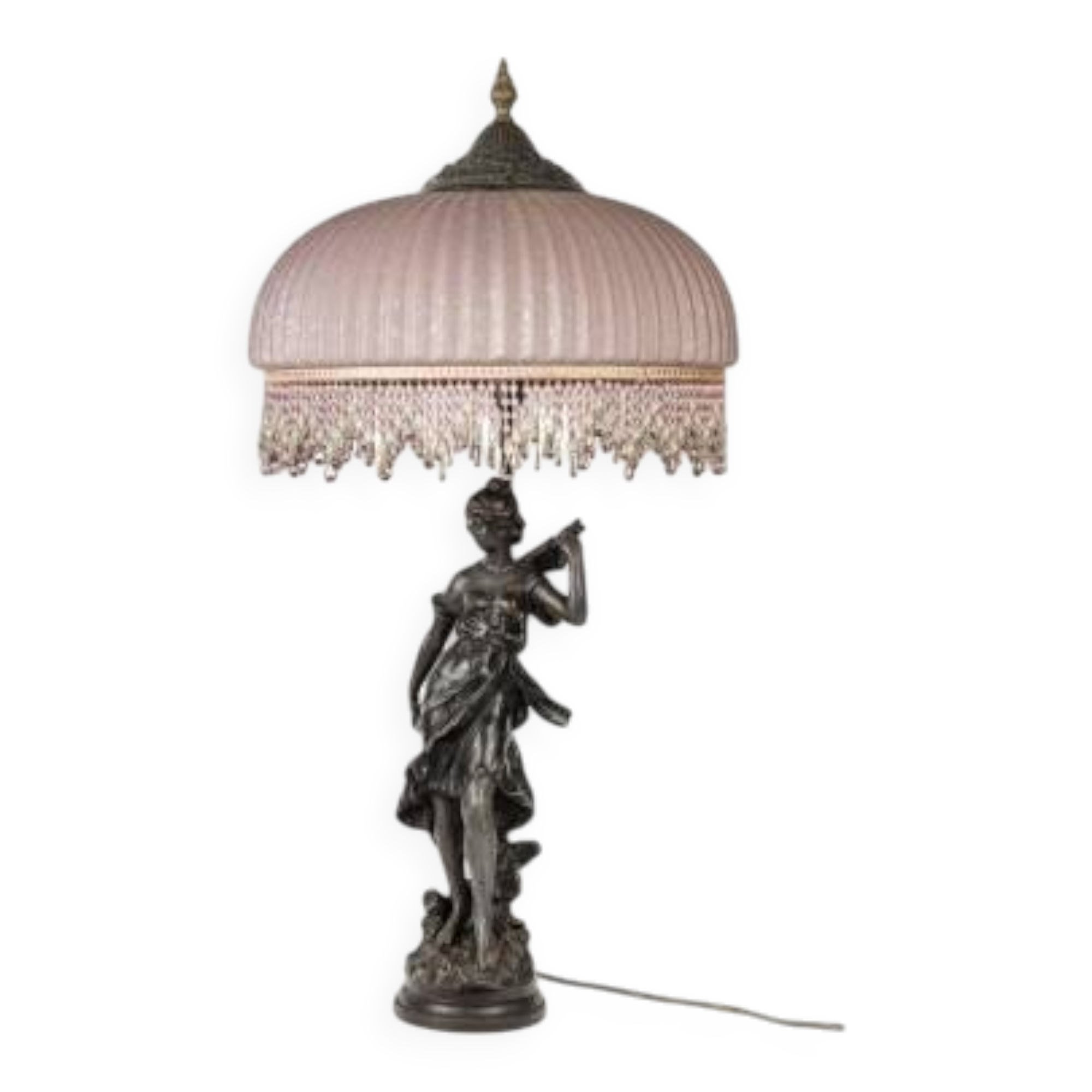 Art Nouveau style lamp with bronze sculpture and glass shade
