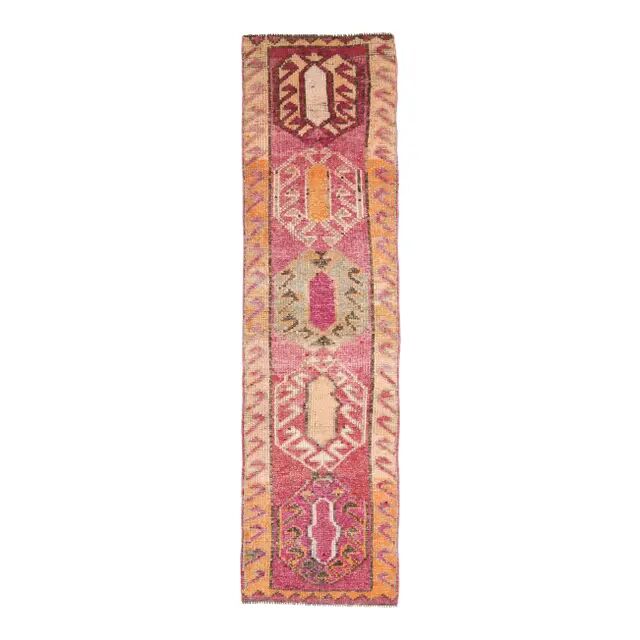 1970s Turkish Hand-Knotted Wool Cotton Pink Runner 87x294