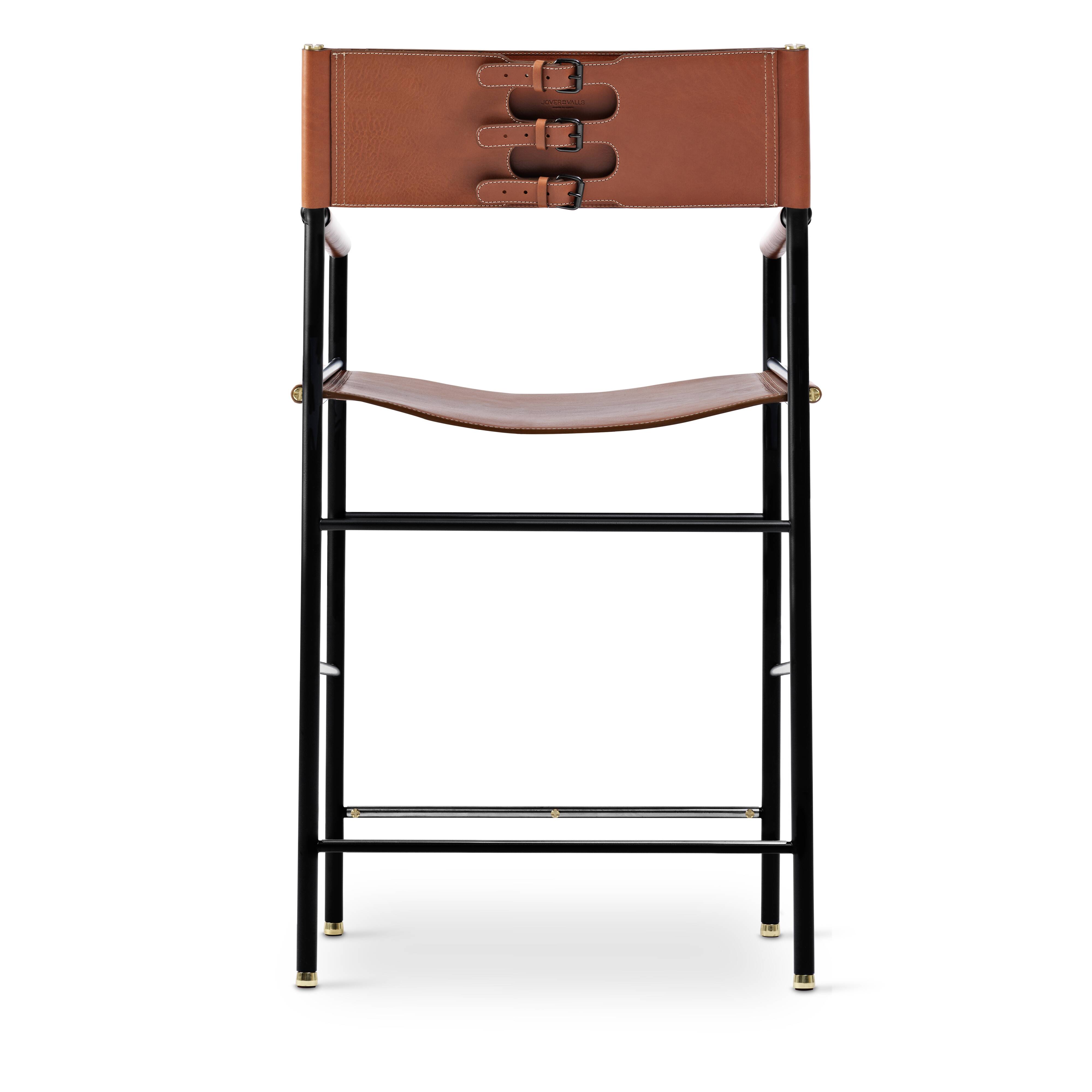 Set of 3 Counter Bar Stools with Backrest Natural Tan Saddle Black Rubber Metal