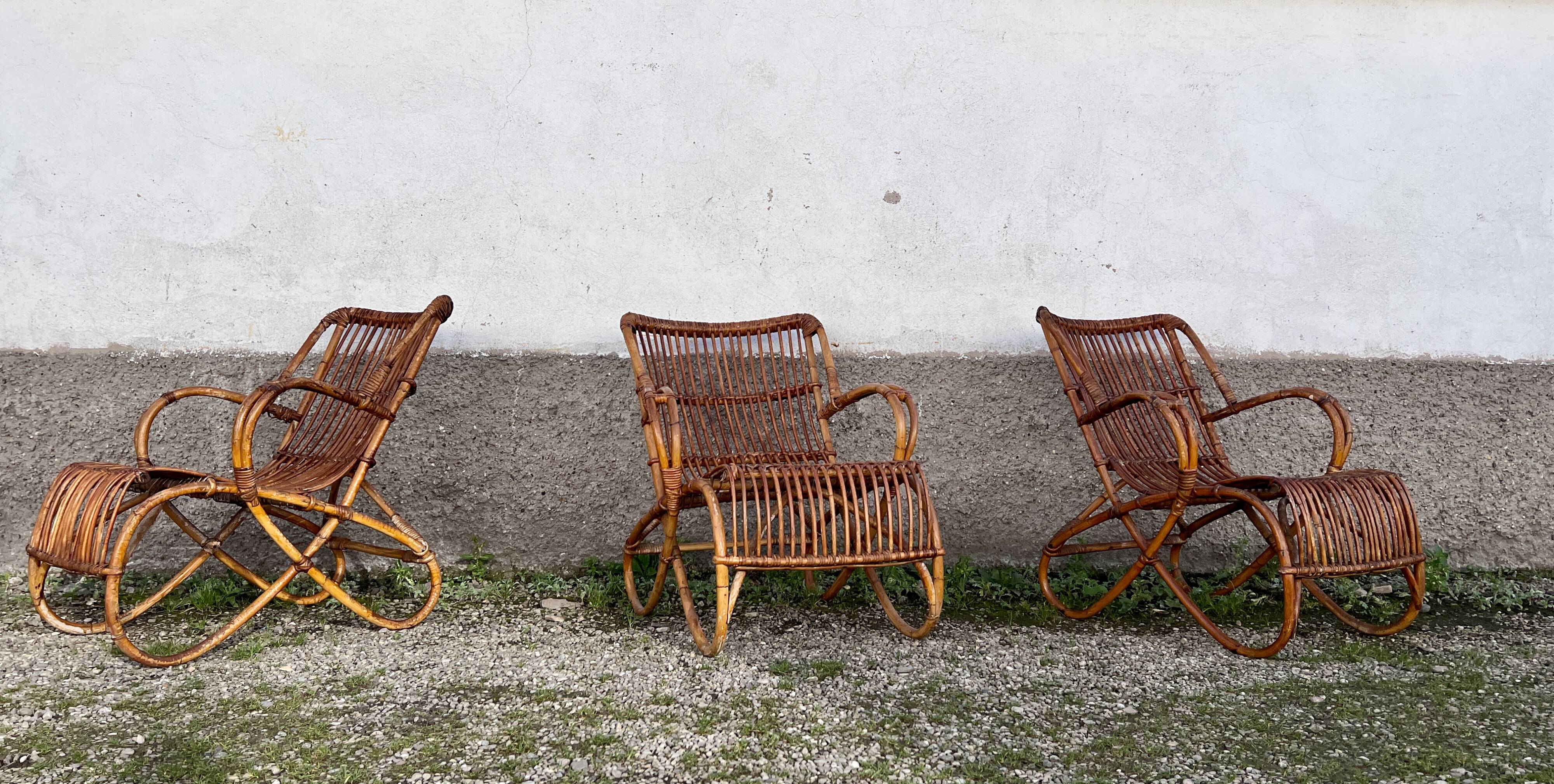 Trio de 3 fauteuils chaises rotin bambou vintage 1950