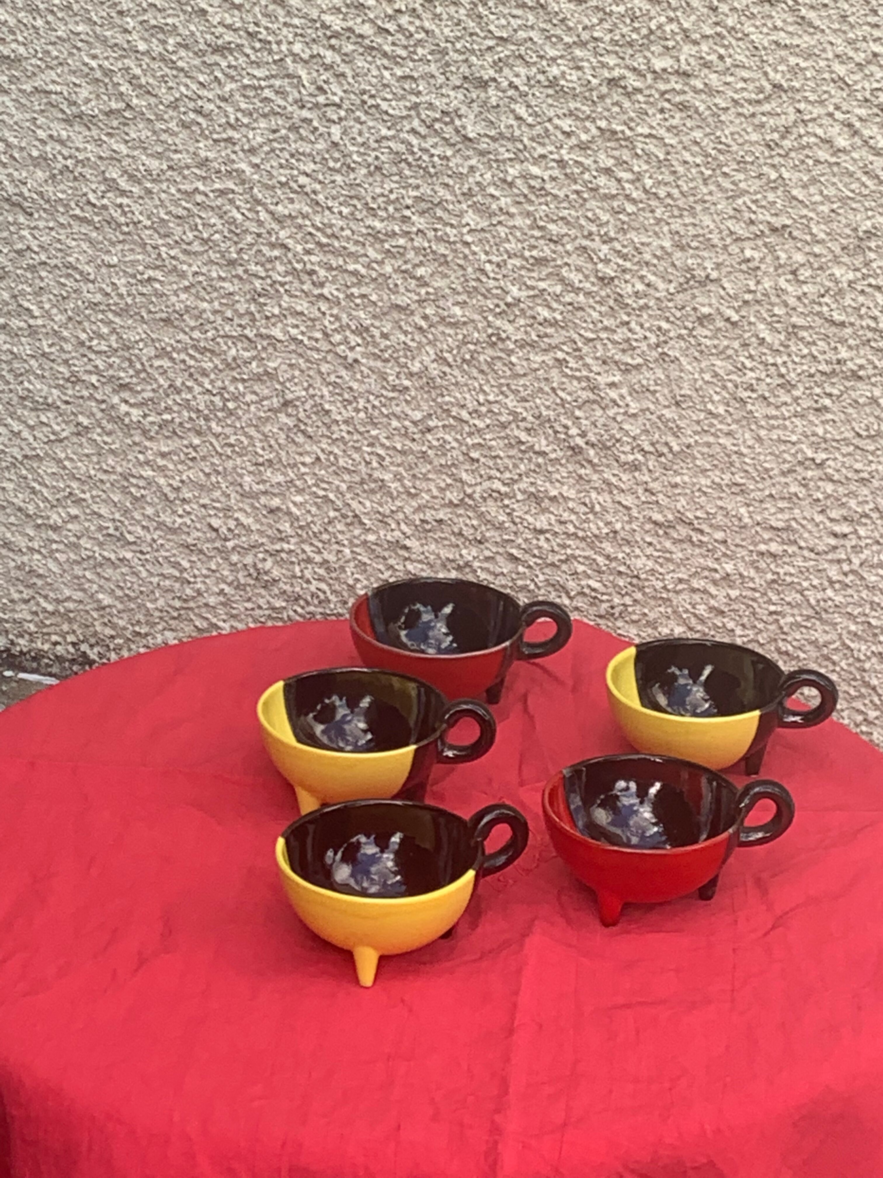 5 cups and 5 saucers signed Luc vallauris vintage
