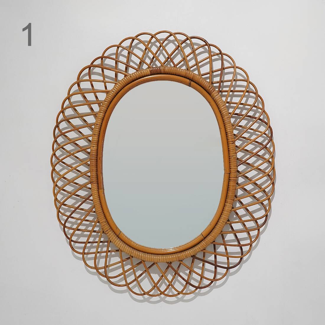 Wall mirror with rattan frame, 1950s