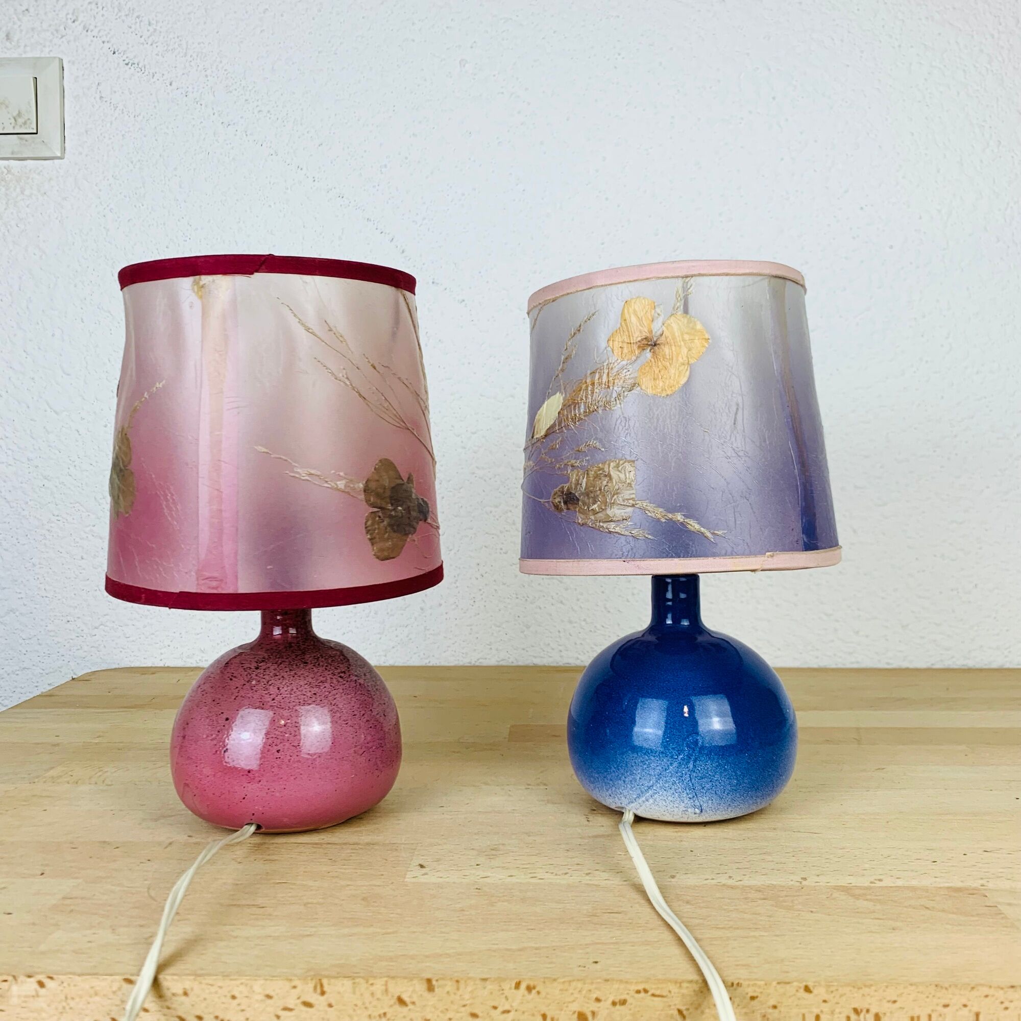 Pair of pink and blue ceramic fig lamps, dried flowers lampshade