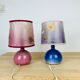 Pair of pink and blue ceramic fig lamps, dried flowers lampshade