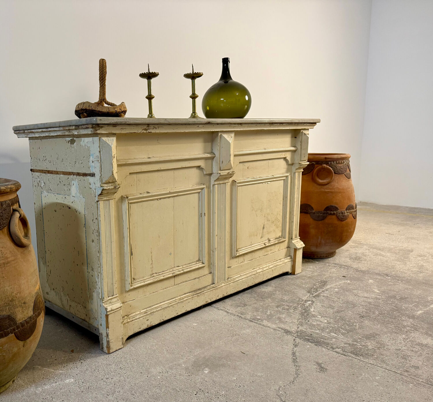 Double-sided shop counter furniture with 6 drawers, length 156 cm.