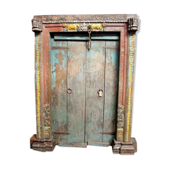Country carved Indian door side old Rajasthan patina original old teak