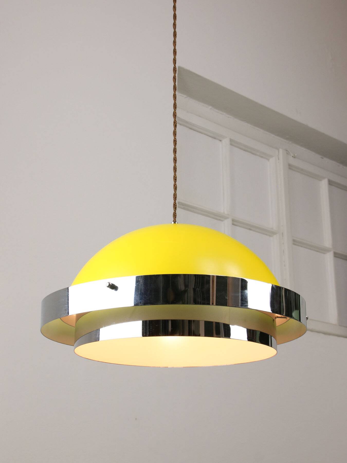 Space-age italian yellow and chrome metal pendant lamp, 1970s