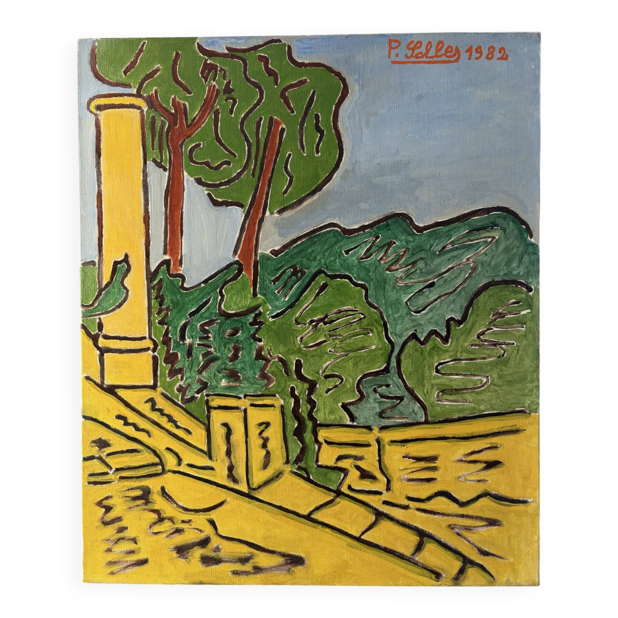 Landscape from the balcony, oil on canvas signed 1982