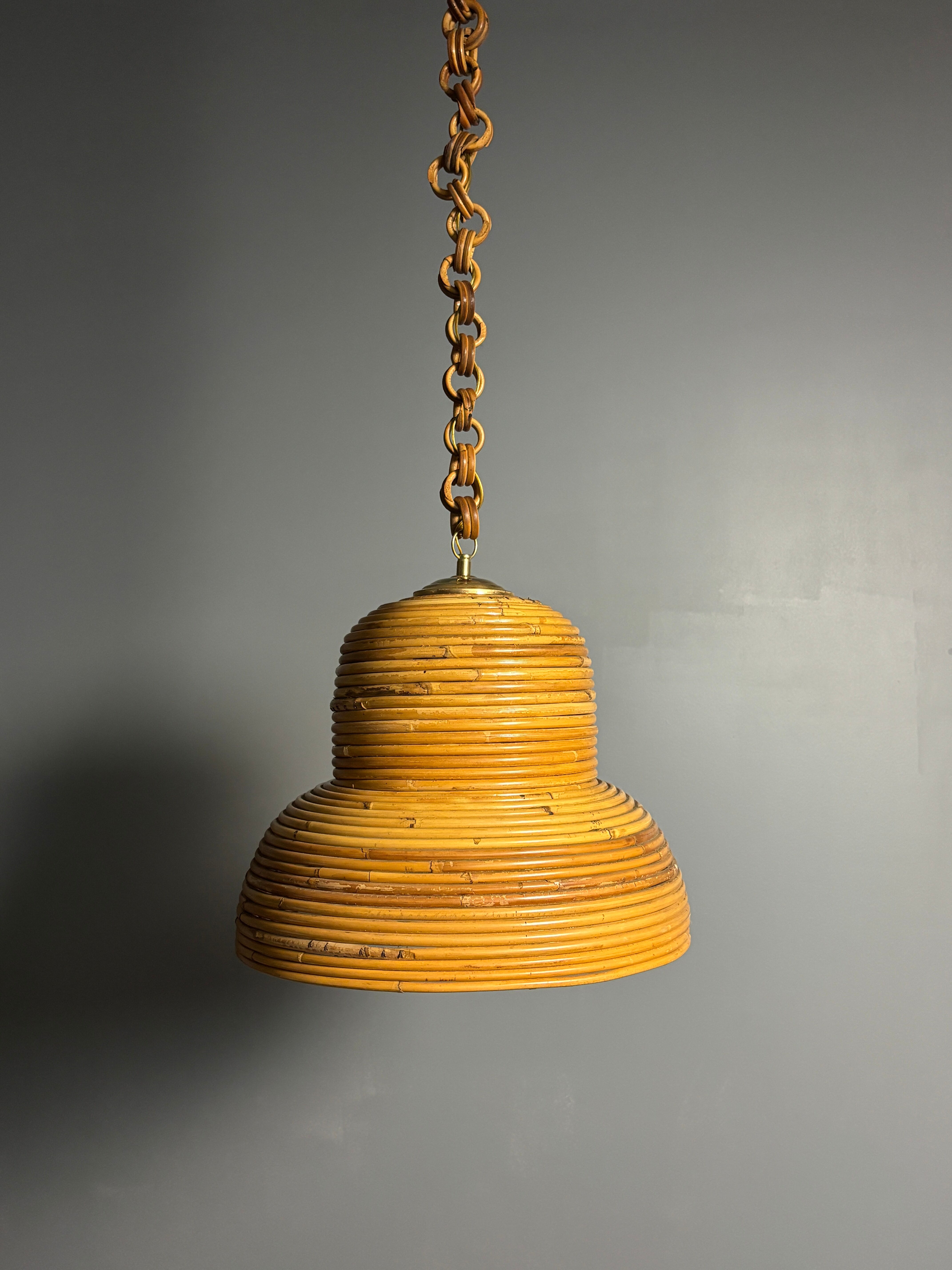 Midcentury Italian pencil reed rattan bamboo and brass hanging lamp pendant