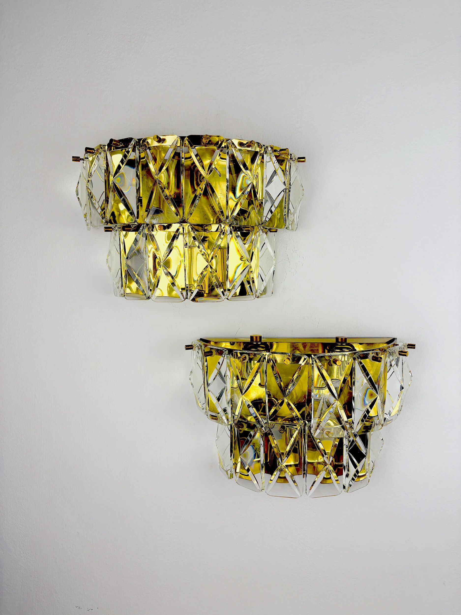 Pair of Kinkeldey 2-tier cut crystal wall sconces, gilt brass, Germany, 1970s