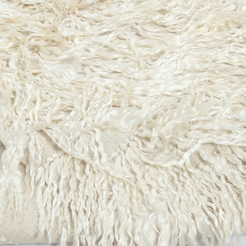 Vintage Handmade Shag Pile Rug Made of Natural Beige Mohair Wool