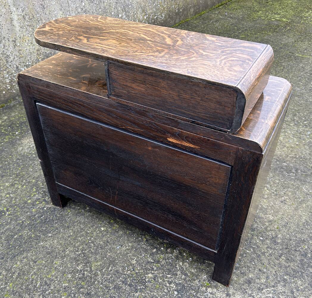 Art Deco bedside table, oak, moustache legs, 1930s