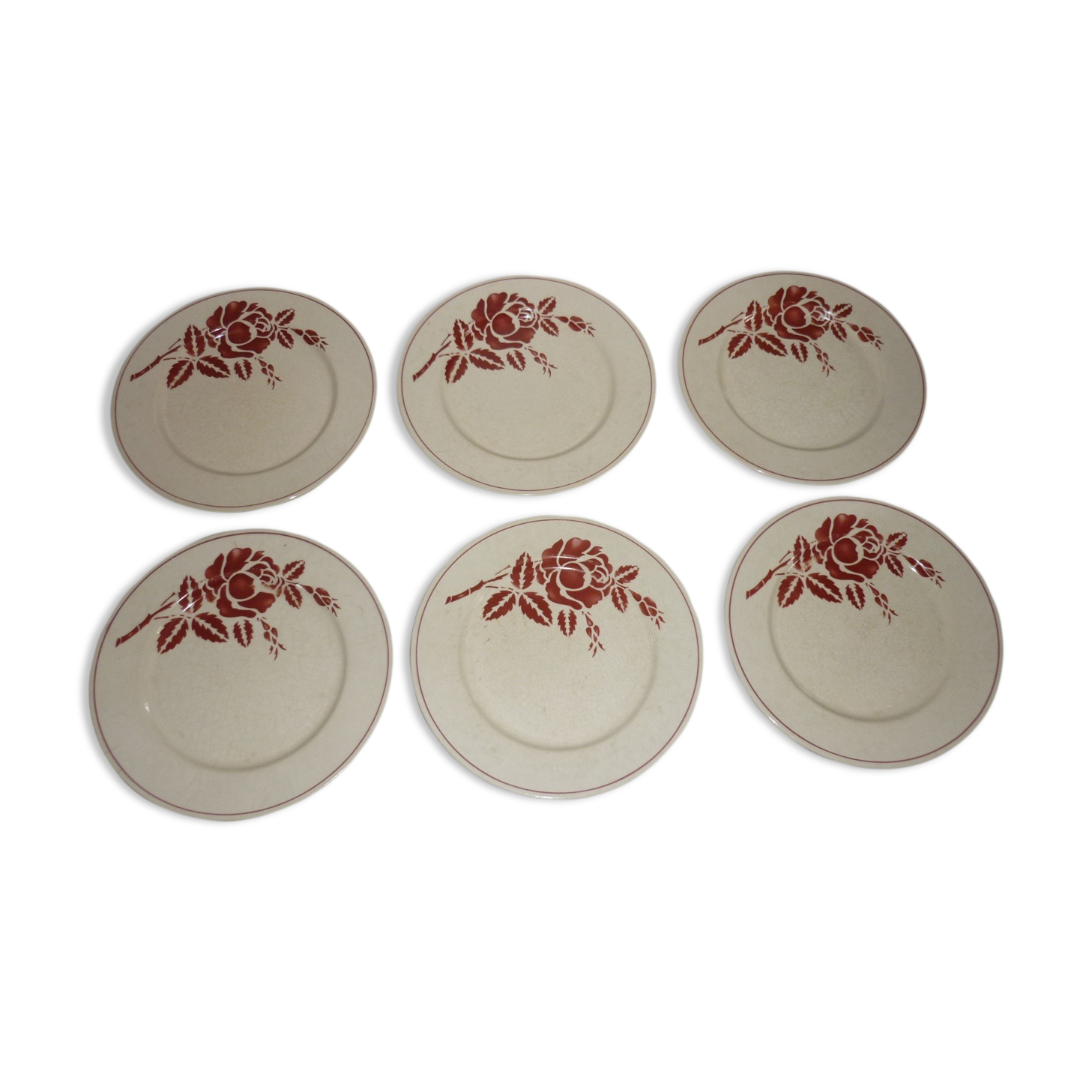 Set of 6 old flat plates in beige and red earthenware