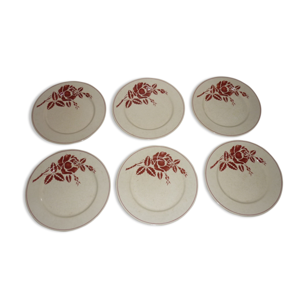 Lot de 6 assiettes plates anciennes en faïence beige et rouge