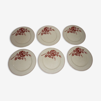 Set of 6 old flat plates in beige and red earthenware