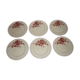 Lot de 6 assiettes plates anciennes en faïence beige et rouge