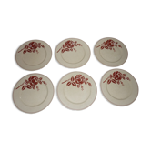 Lot de 6 assiettes plates anciennes en faïence beige et rouge