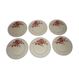 Lot de 6 assiettes plates anciennes en faïence beige et rouge