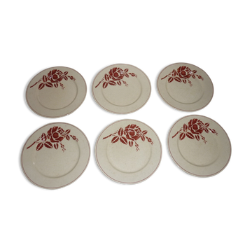 Set of 6 old flat plates in beige and red earthenware