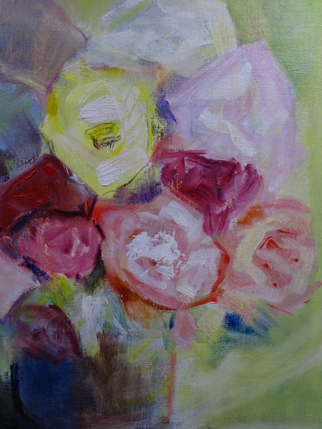 Contemporary painting: The bouquet of flowers - Very soothing colors - 40x40 cm- signed Rollet