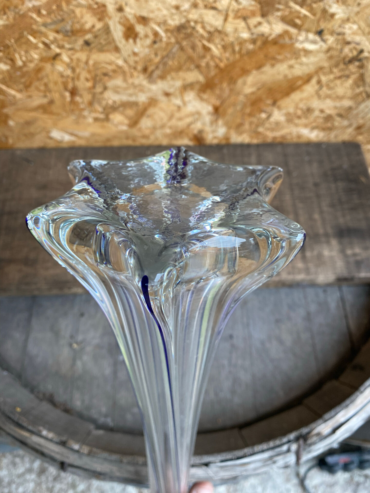 Large Antique Glass Flower Vase + Vertical Blue Lines 80cm Vintage